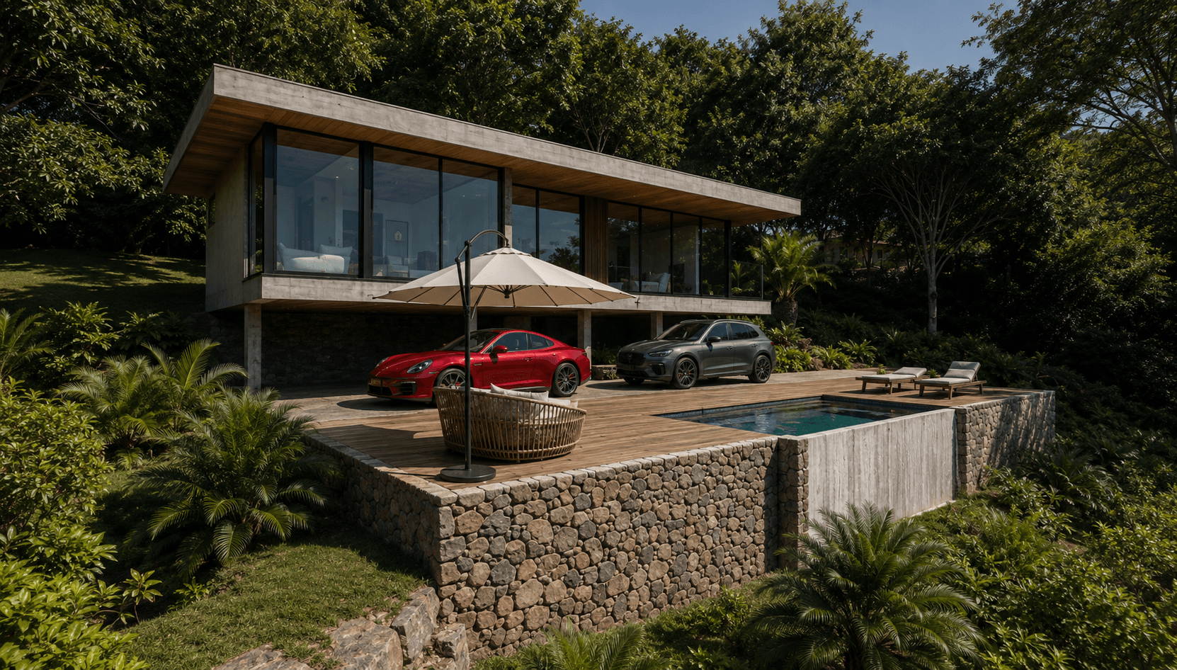 Residência Wine House implantada na encosta — plataforma com piscina sobre muro de pedra e vegetação nativa