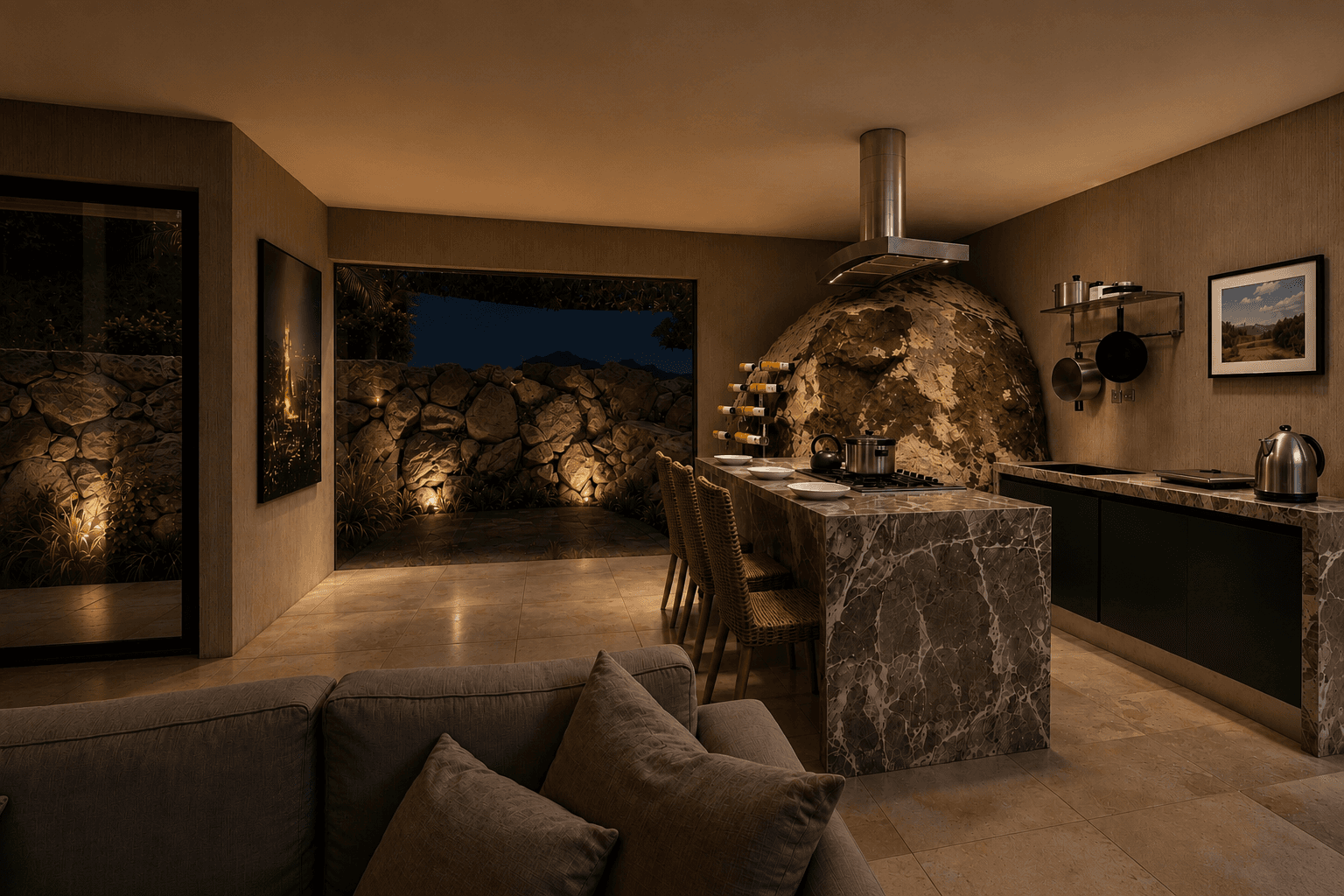 Interior da Wine House à noite — iluminação quente sobre os mesmos materiais